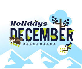 December holidays, vector illustration on the theme of December. Designed for printing, postcards, calendars, notebooks, diary. Owl and raccoon sitting on the letters, rowan, winter apples.