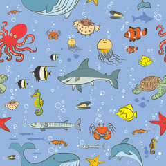 Seamless pattern sea life animals painted by hand as a simple child's drawing on a blue background