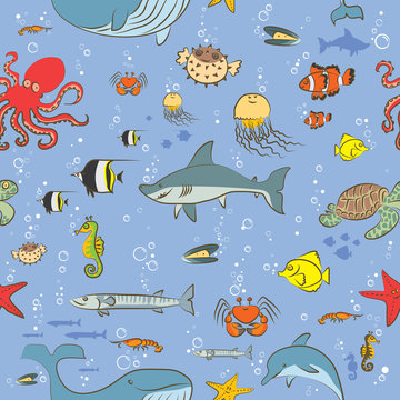 Seamless pattern sea life animals painted by hand as a simple child's drawing on a blue background