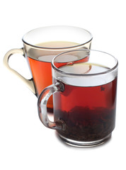 Glass cup with tea on white background
