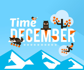 December time, vector illustration on the theme of December. Designed for printing, postcards, calendars, notebooks, diary. Owl and raccoon sitting on the letters, rowan, winter apples.