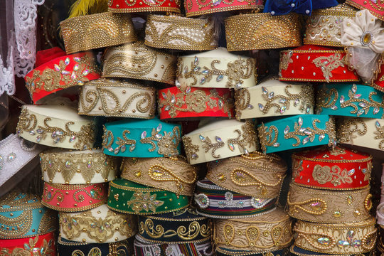 Colorful hats uzbekos. Market in Tashkent. Uzbekistan