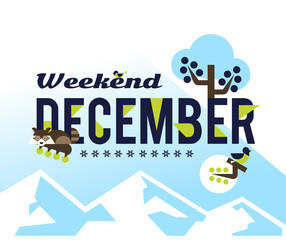 December weekend, vector illustration on the theme of December. Designed for printing, postcards, calendars, notebooks, diary. Owl and raccoon sitting on the letters, rowan, winter apples.