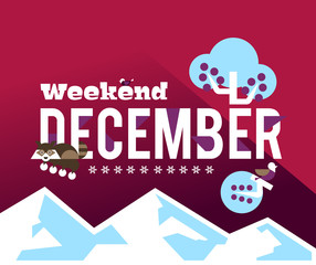 December weekend, vector illustration on the theme of December. Designed for printing, postcards, calendars, notebooks, diary. Owl and raccoon sitting on the letters, rowan, winter apples.