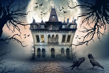 Haunted House with Crows and Spooky Atmosphere.