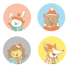 Cute cartoon animals set. Bear, fox, hare and hedgehog in clothes. Vector contour  image. Children's illustration. Winter time. Funny characters.