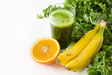 Smoothie with kale,banana and orange isolated on white background
