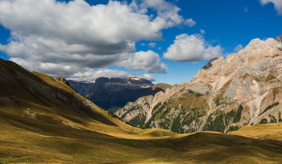 Great view of the Val di Fassa valley. National Park Dolomites (Dolomiti), pass Sella. Location...