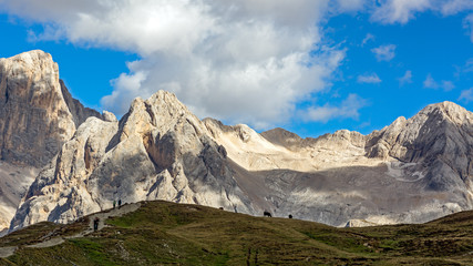 Fototapeta premium Great view of the Val di Fassa valley. National Park Dolomites (Dolomiti), pass Sella. Location famous resort Canazei, Tyrol, Alp, Italy, Europe. Dramatic and picturesque scene. Beauty world.