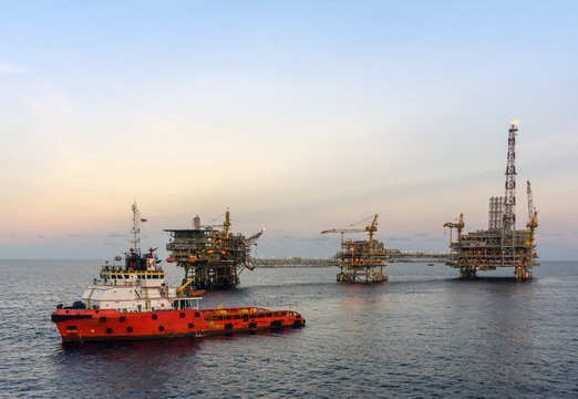 Anchor handling tug boat during operations at oilfield