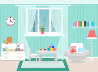 Living room interior including armchair, coffee table, bookshelf, toys.