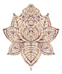Hand drawn ornate vector ornamental Lotus Tattoo, with elements of sacred geometry, Indian feathers, paisley, beads, ethnic art. Spiritualism, magical symbols for astrology and alchemy in boho style.