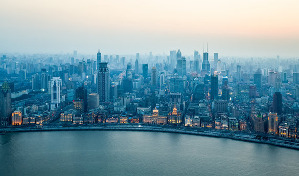 aerial view of beautiful shanghai bund in nightfall