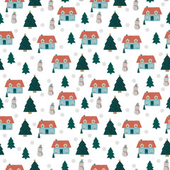 Christmas seamless pattern with snowman,  trees and snowflakes.