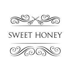 Wooden honey dipper, sketch style vector illustration isolated on white background. Sweet honey label, badge.