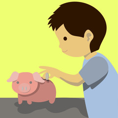 A Boy Inserting Coin into Piggy Bank, Saving Money concept, Isolated