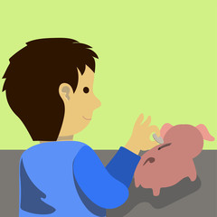 A Man Inserting Coin into Piggy Bank (Back), Isolated Saving Money concept