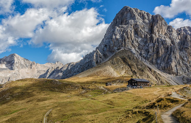 summer landscape of Contrin and Fassa Valley, Trentino, Italy: On background Sella Mount