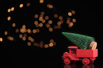 Truck carrying a green pine tree on  bokeh background
