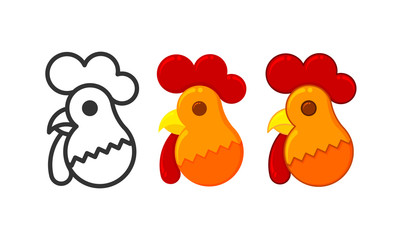 New Year. Christmas. Rooster symbol of the new year. Icon. Emblem. Cartoon. Contour. Isolate. Stock vector. Three in one.