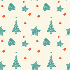 Seamless pattern with Winter Christmas tree, heart and star