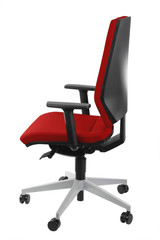 Modern office chair from red leather. Isolated
