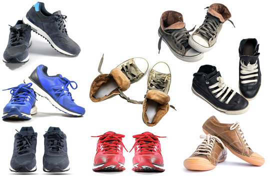 Group of running sneaker shoes and fashion shoes isolated on white background.
