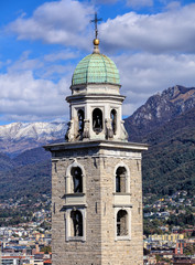 Tower of the Cathedral of Saint Lawrence in the city of Lugano in the Swiss Canton of Ticino