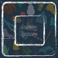 winter holiday card with space for text on background of winter fun symbols