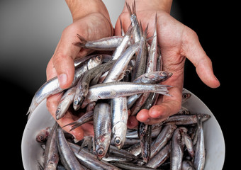 two hands full of raw anchovies presenting this kind of food