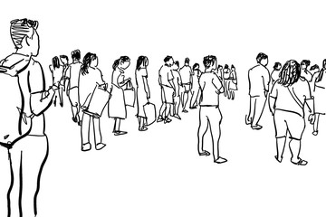 people waiting in line cartoon sketch