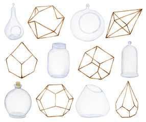 Geometrical and glass terrarium for succulents and cactus, doodle pots and glass jars; hand drawn watercolor illustration