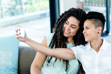 Lesbian couple taking a selfie on phone