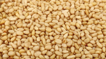 Peeled pine nuts close up high angle