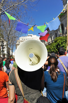 Protest demonstration with megaphone