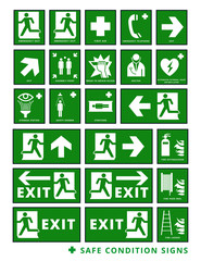Collection of green health and safety signs.