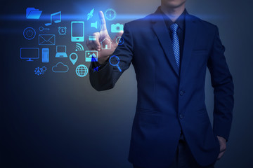 Close up of businessman touching social media icon