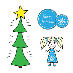 Fototapeta na wymiar Little girl with Christmas tree and with sticker Happy Holiday