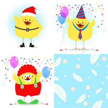 Chicken festive set. Chicken Santa Claus, a clown. Seamless texture with feathers. Vector