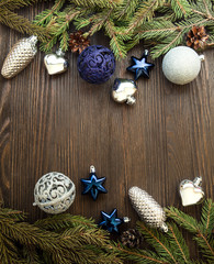 Christmas Tree and decorations on wooden background
