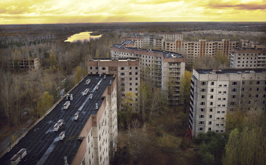 Vew from roof of 16-storied apartment house in Pripyat town, Chernobyl Nuclear Power Plant Zone of...