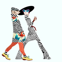 Abstract watercolor draw Two funny suricate (woman man) sunglasses, coat striped pattern © vipa21