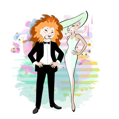 Abstract watercolor illustration fashion two lions, groom in suit,  bride 