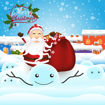 Merry Christmas from vector.Santacros and reindeer on snow background.Merry Christmas in 2016.