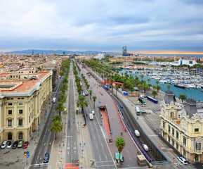 Barcelona harbor and port Vell from Columbus statue viewpoint, Spain