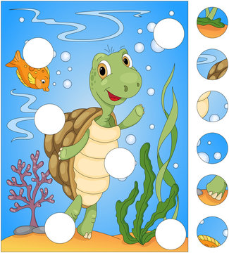 Cartoon turtle and fish. Complete the puzzle and find the missin