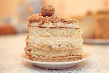 Piece of delicious homemade cake, close-up, vintage toned