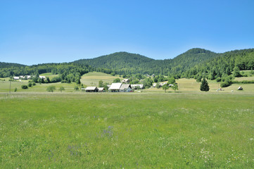 Fototapeta na wymiar Dorf auf dem Pokljuka Hochplateau im Triglav Nationalpark,Slowenien
