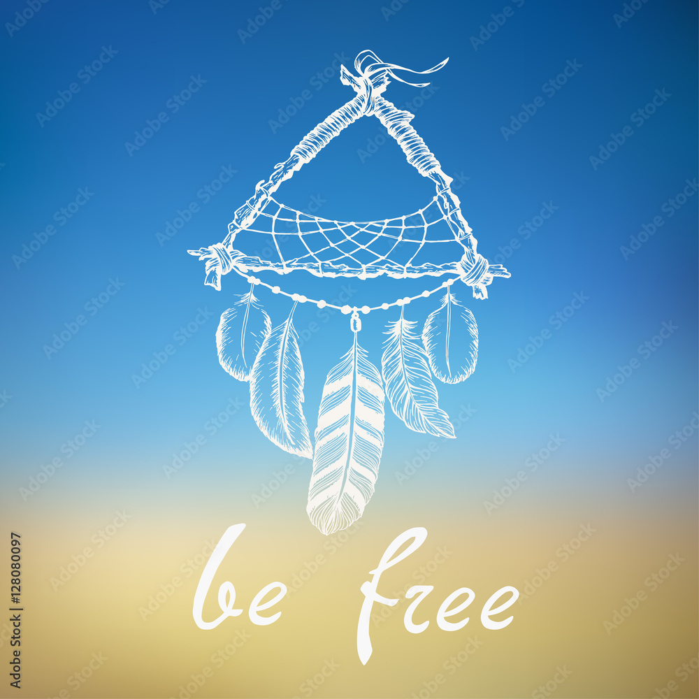 Wall mural Dreamcatcher with feathers. Vector hand drawn illustration