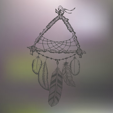 Dreamcatcher with feathers. Vector hand drawn illustration